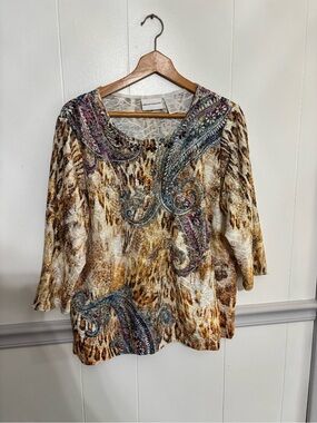 Alfred Dunner Brown Animal-Print Long Sleeve Top with Paisley Detail